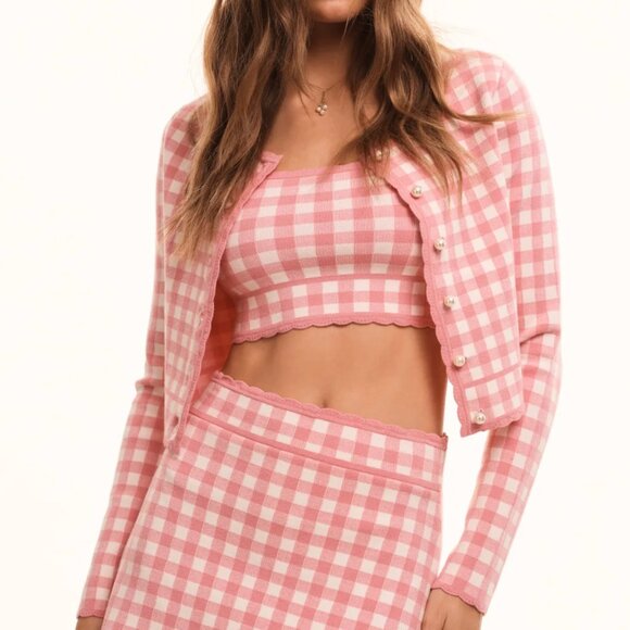 NWT LoveShackFancy Bridgette Checkered Knit Cardigan XSmall Pink Pearl Plaid - Picture 10 of 11